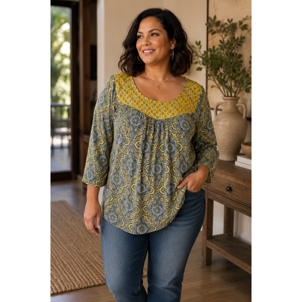 Westport Womans Sz XL Blouse Shirt Floral Yellow Blue 3/4 Sleeve Stretch